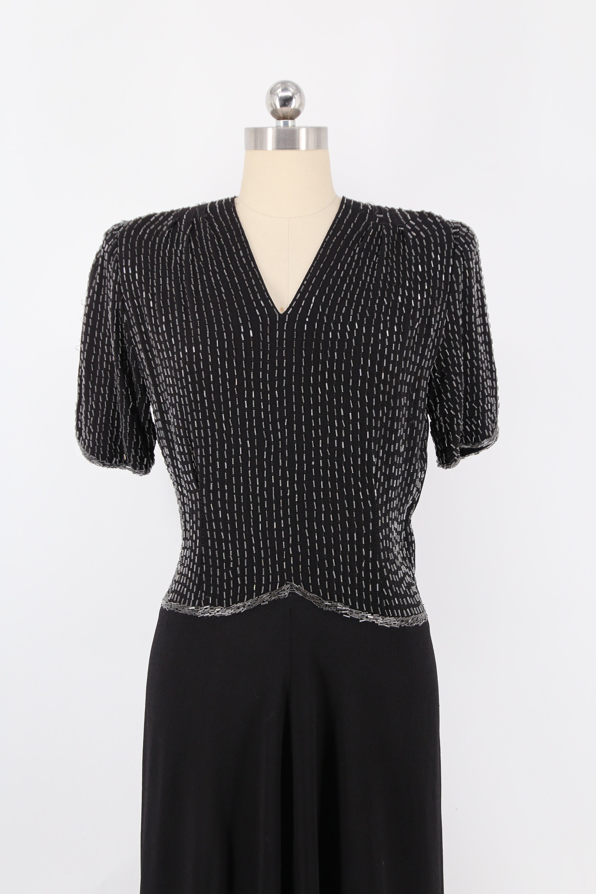 40s bugle beaded black crepe evening gown L