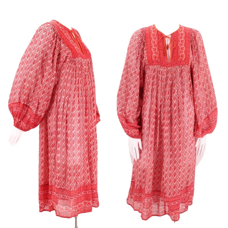 70s JUDITH ANN peasant dress S, vintage 1970s Rita Kumar red tissue cotton dress, India print festival caftan XS 4 image 1