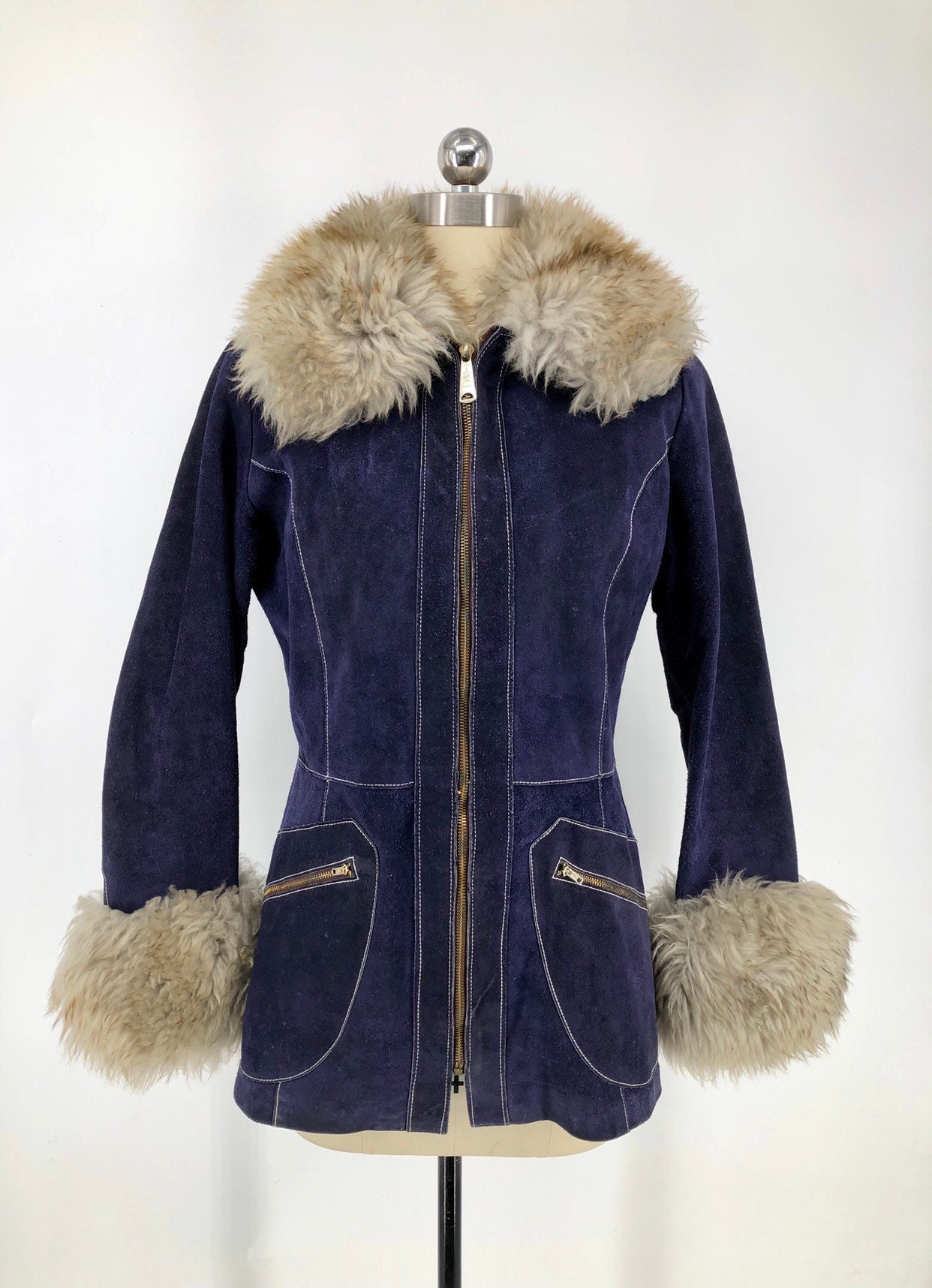 70s PENNY LANE navy suede & shearling trim zipper fall / winter jacket