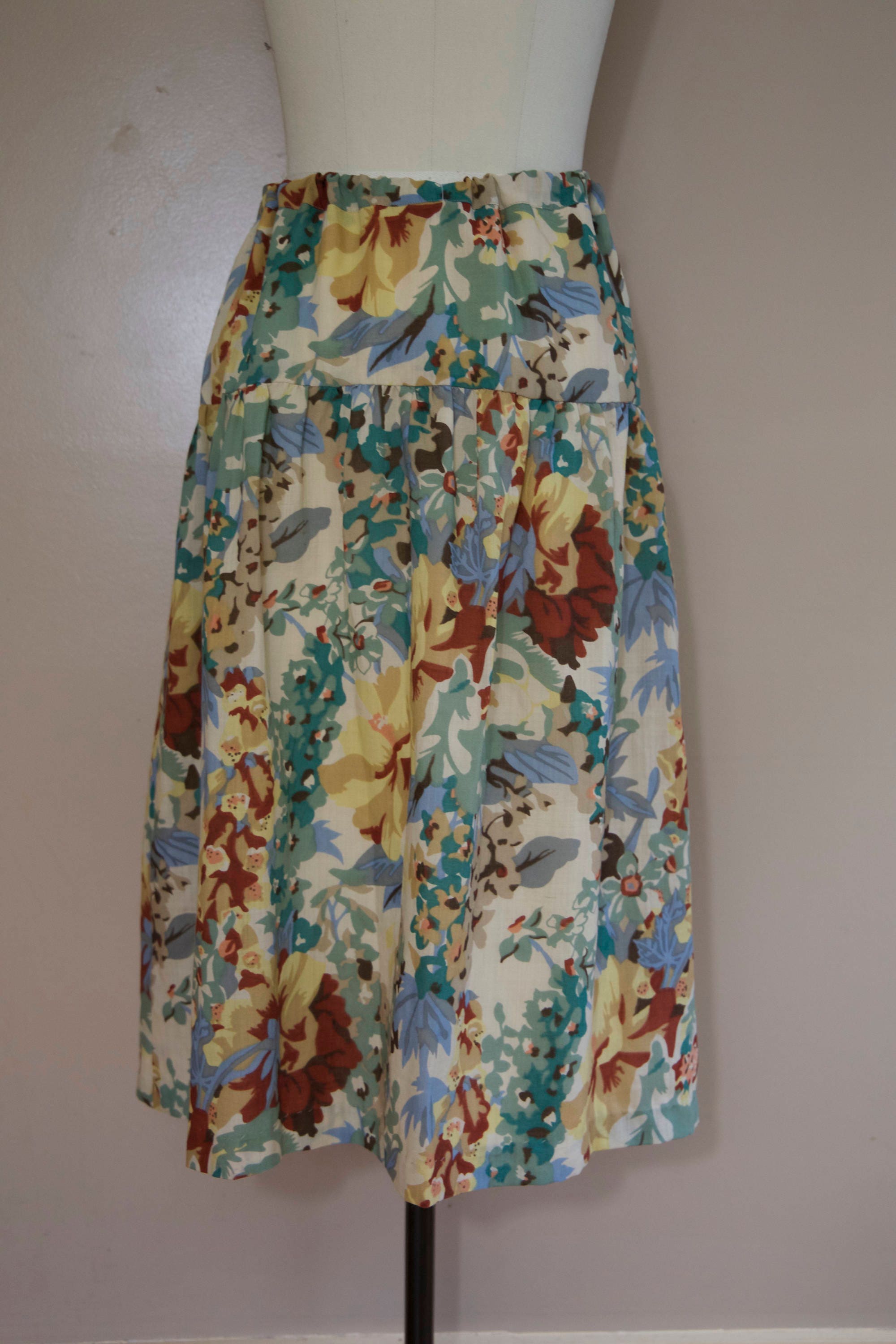 70s CACHAREL antique garden floral print woven tie waist SKIRT 40 8 ...