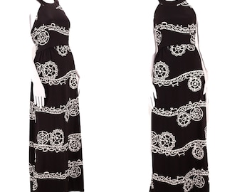 70s novelty print maxi dress L, vintage 1970s black disco maxi, carnival print dress, poly halter gown size large