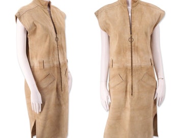60s YSL suede Safari dress sz 8, vintage 1960s YVES Saint LAURENT iconic shift dress, zip front dress 38 As Is