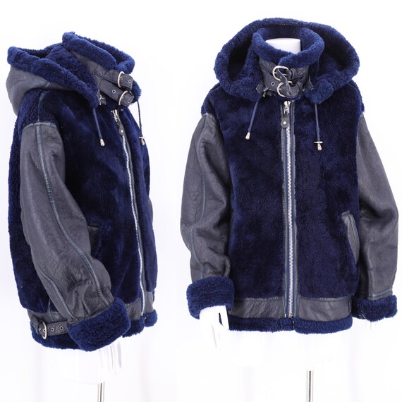 vintage shearling bomber jacket L / 80s navy leath