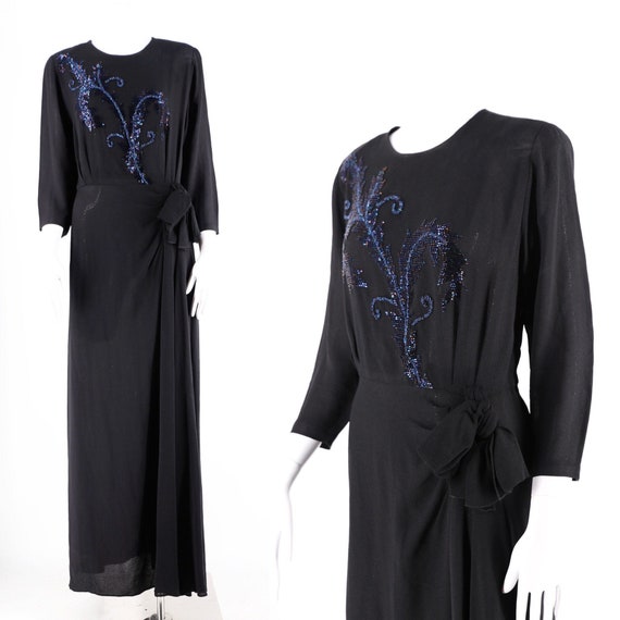 40s beaded black crepe gown / 1940s blue floral be