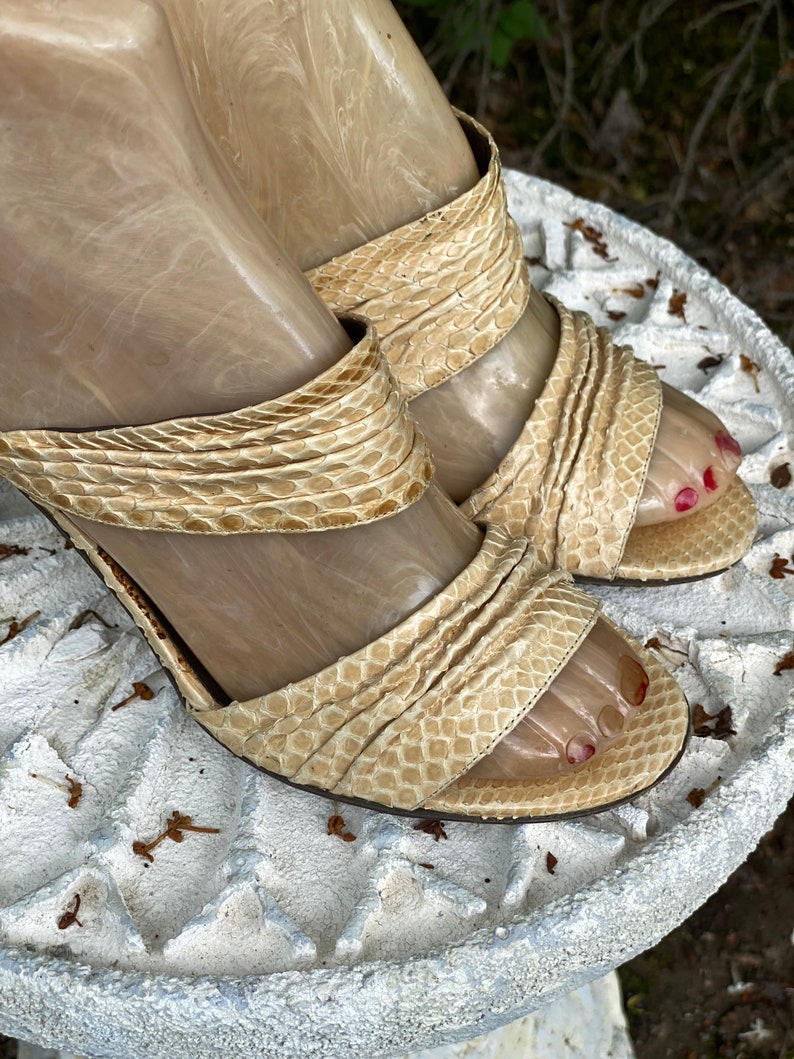70s sz 6.5 HALSTON python sandals high heels, vintage 1970s 80s beige strappy shoes, disco heels, pumps shoes 36.5 image 3