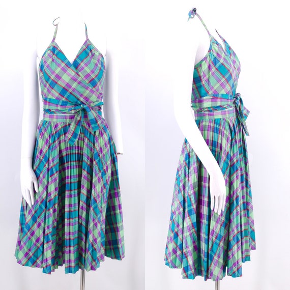 70s Bill Atkinson polished cotton plaid halter dre