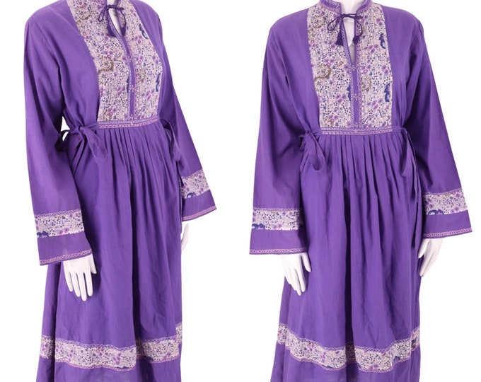 70s purple block print cotton peasant dress M / vintage 1970s hippy festival caftan adini phool