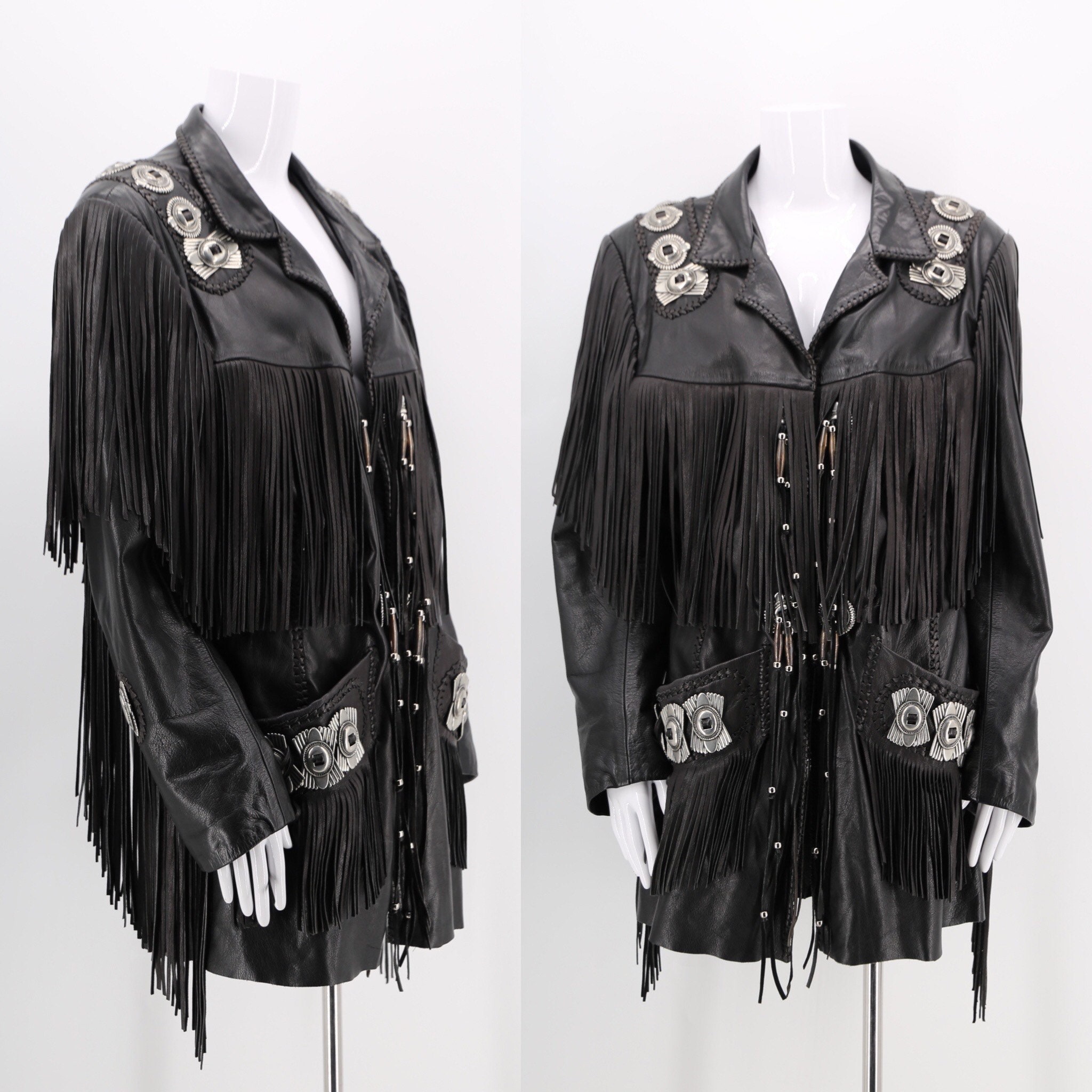 80s Arturo black leather fringe silver concho artisan jacket / vintage