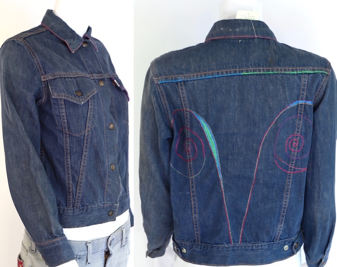 60s LEVIS Big E denim jacket / vintage 1960s 70s Levis For Gals custom embroidered dark denim ARIES astrology jacket sz S