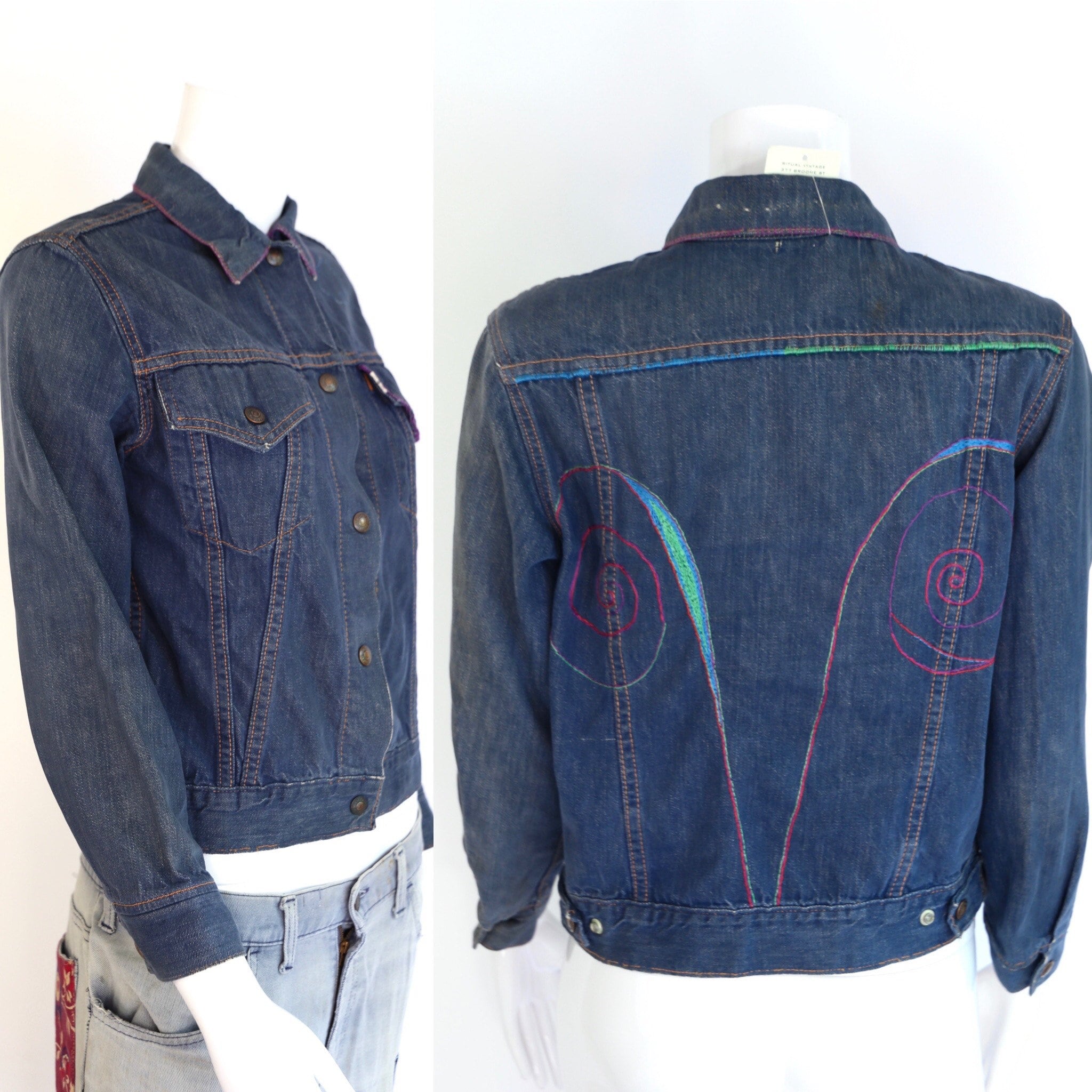 60s Levis Big E Denim Jacket Vintage 1960s 70s Levis For Gals Custom Embroidered Dark Denim Aries Astrology Jacket Sz S