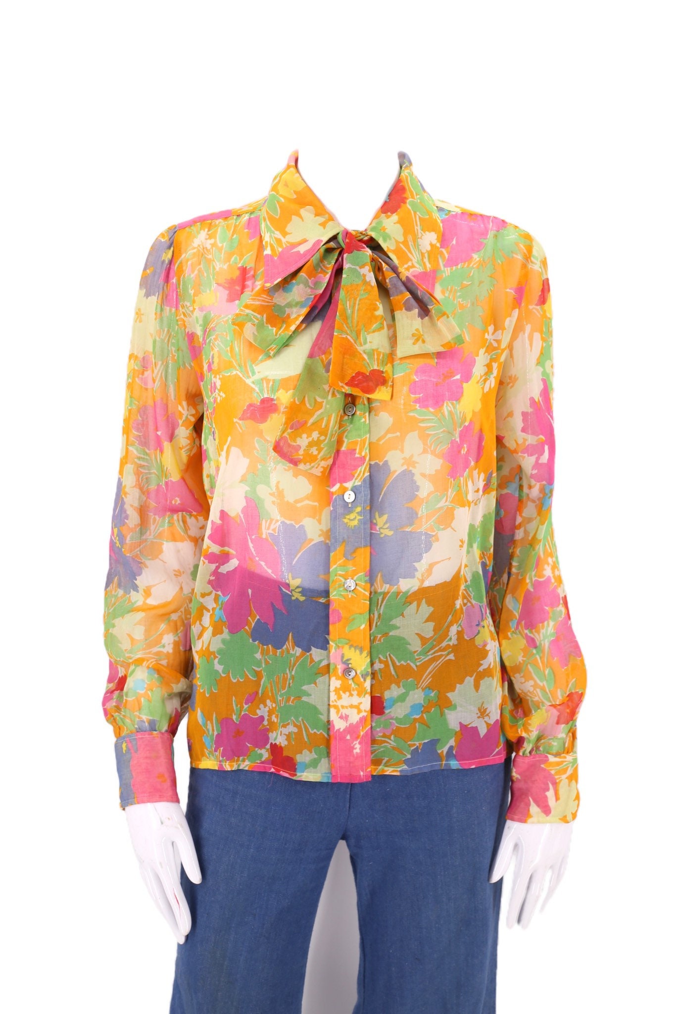 70s YSL floral tie blouse 42 / vintage 1970s Yves Saint Laurent cotton ...