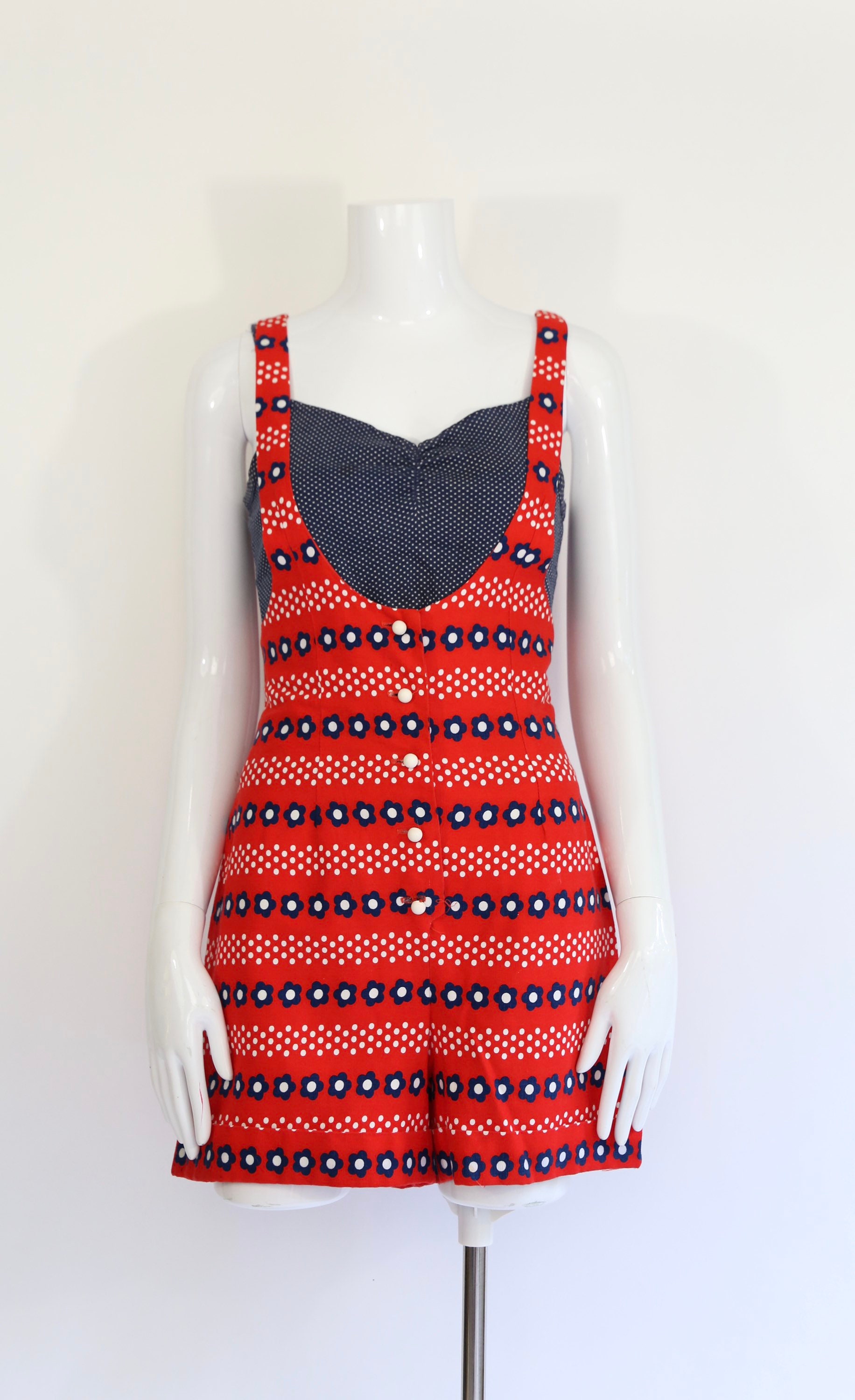 60s daisy print red cotton romper / 1960s vintage psychedelic overalls ...