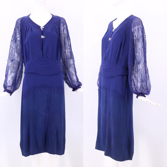 30s blue peasant sleeve day dress size M / vintage