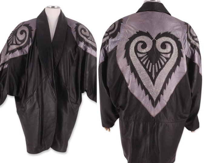 80s EREZ leather batwing coat M-L, vintage 1980s black silver heart appliqué jacket, flashy wild over the top