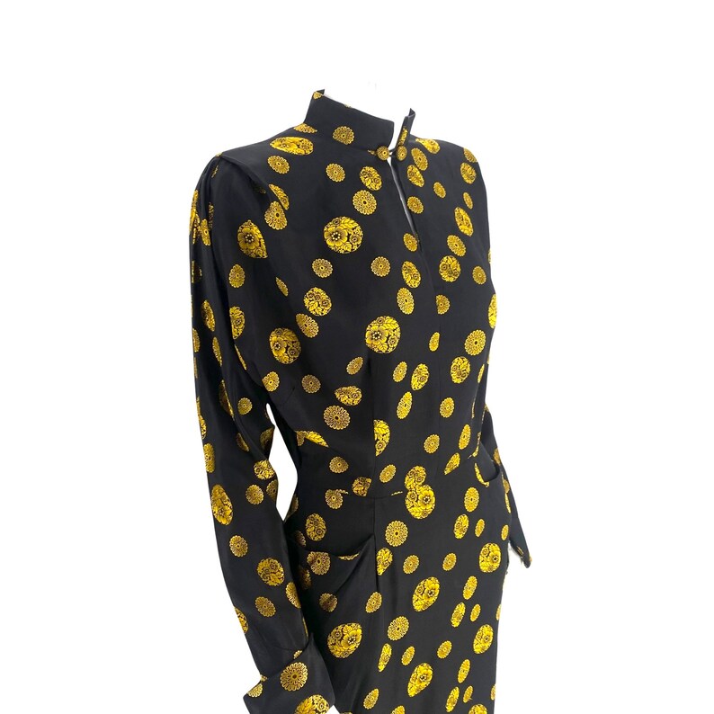 40s silk rayon day dress, vintage 1940s medallion print tailored dress, 50s wiggle dress, black yellow dress 25 W image 6