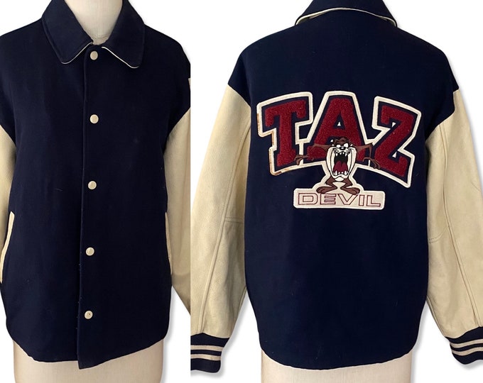 1990s Taz Looney Toons Varsity Jacket XS, vintage 1997 cartoon letterman jacket, wool leather sleeves neutral unisex