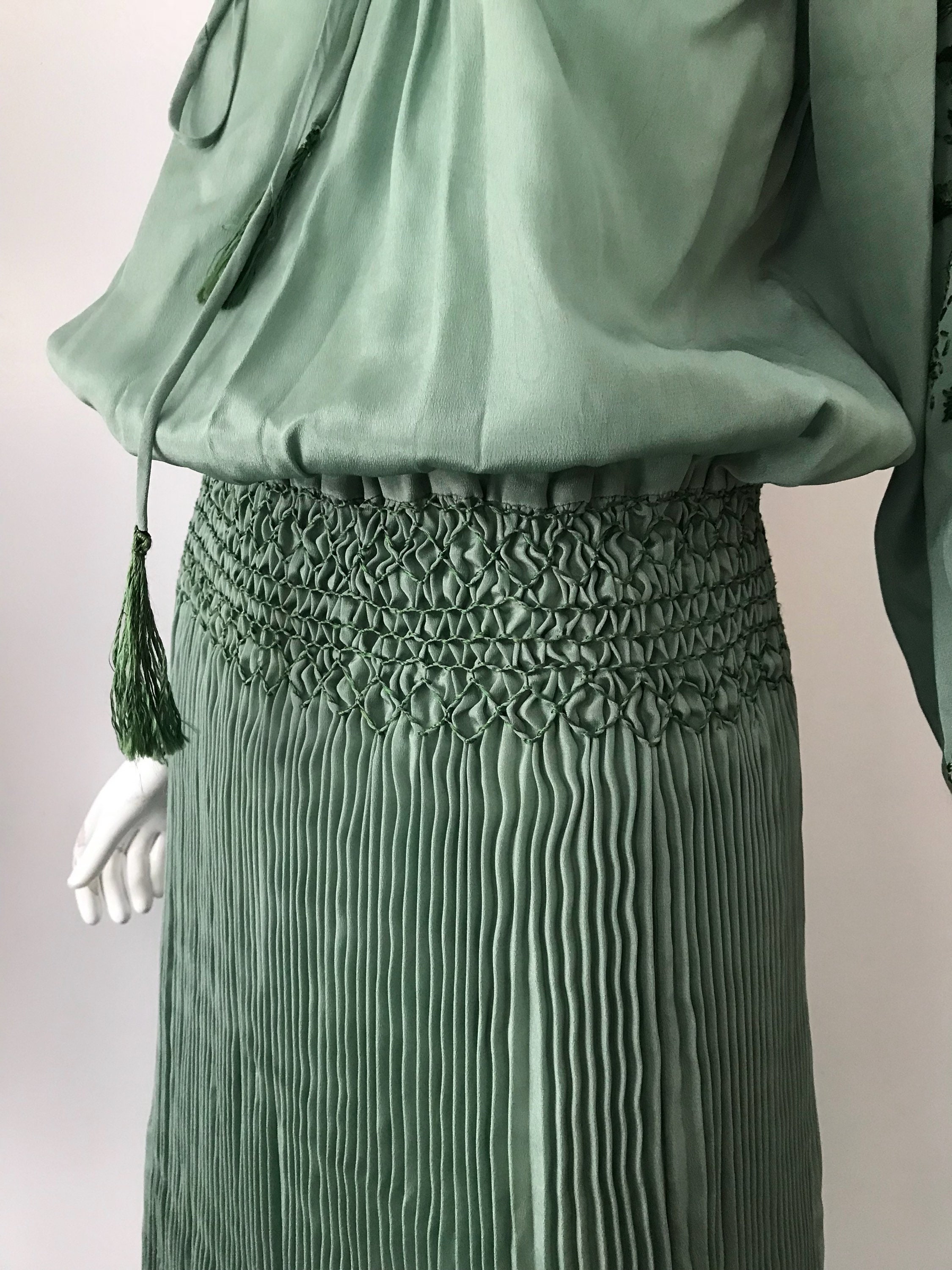 20s HUNGARIAN silk embroidered sage green peasant DRESS w/ Fortuny ...