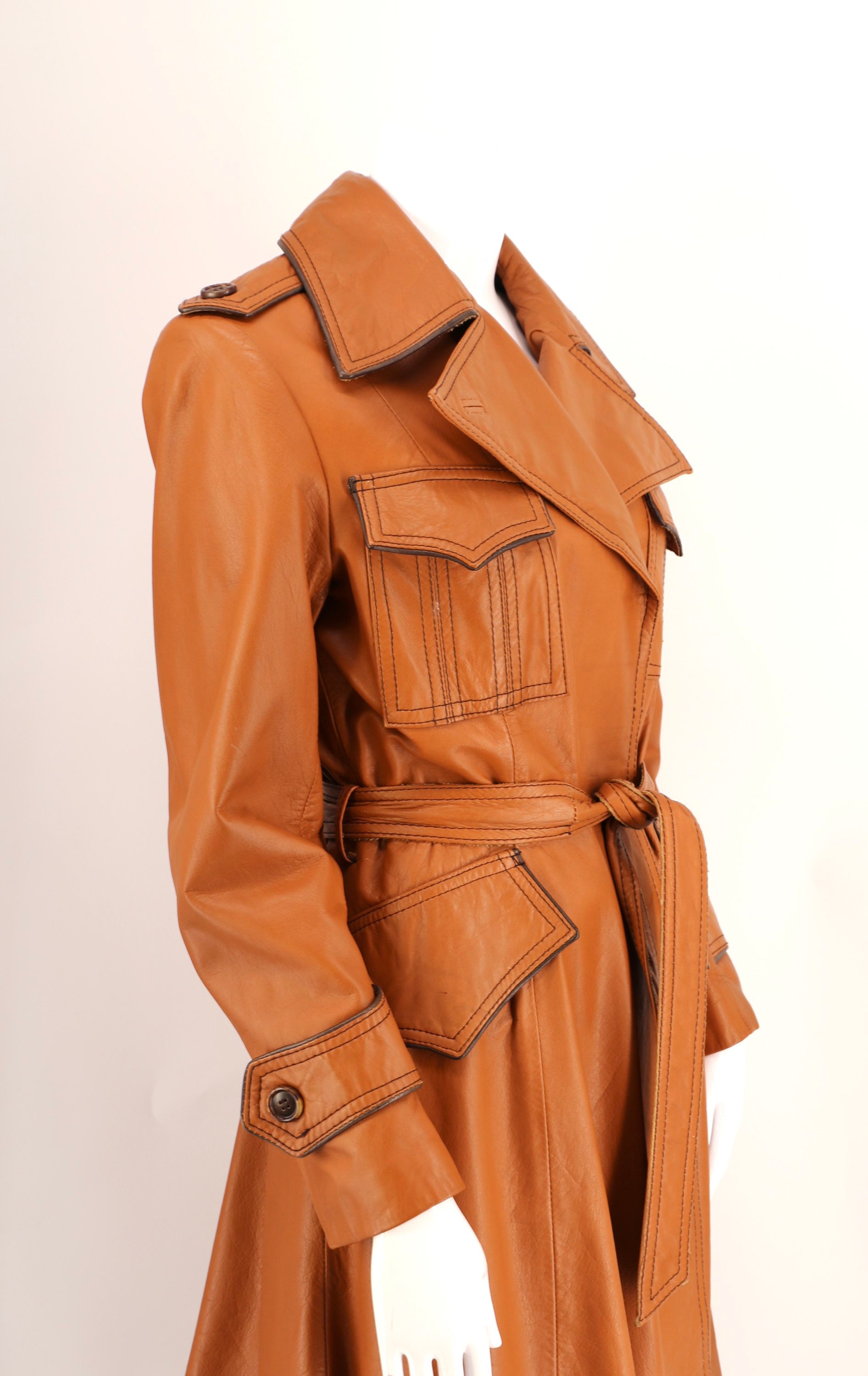 70s caramel leather trench coat sz M / vintage 1970s WILSONS belted ...