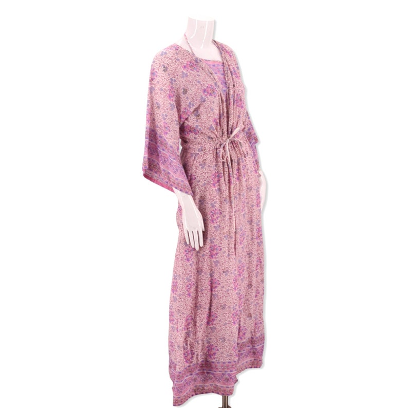 70s India print cotton peasant dress set M, vintage 1970s pink block print halter and caftan outfit, sheer cotton duster robe adini phool image 8
