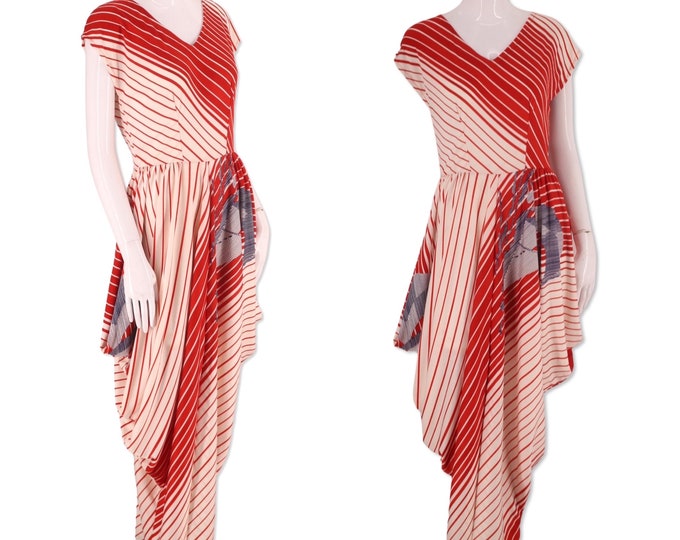 70s jersey print disco dress M, vintage 1970s striped maxi, draped gown, Qiana Studio 54 dress