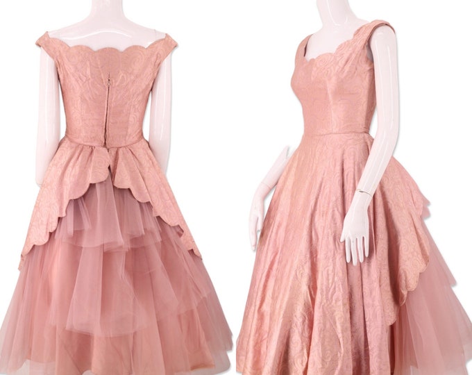 50s pink tulle party dress dress 25" , vintage 1950s Lillie Rubin cupcake prom dress, mid century frothy full skirt gown sz small