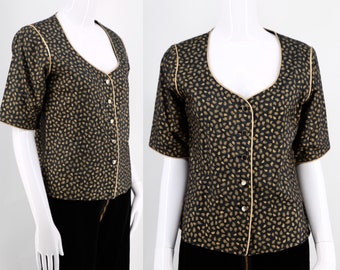 70s YSL black & gold silk print jacket / vintage 1970s Yves Saint Laurent short sleeve top blouse sz 42