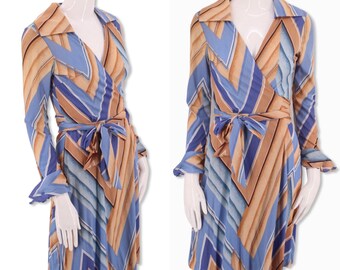 70s HUKAPOO print wrap dress S, 1970s vintage nylon jersey disco dress, print sash tie dress dvf