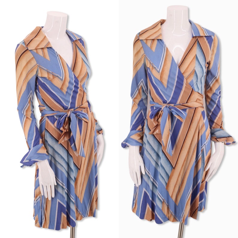 70s HUKAPOO print wrap dress S, 1970s vintage nylon jersey disco dress, print sash tie dress dvf image 1