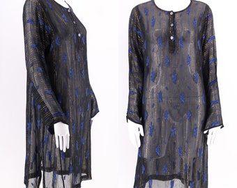 70s black lurex chiffon tunic dress L / vintage 1970s India print sheer shift dress sz L