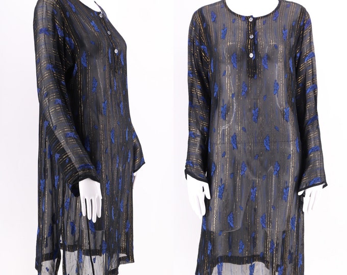 70s black lurex chiffon tunic dress L / vintage 1970s India print sheer shift dress sz L