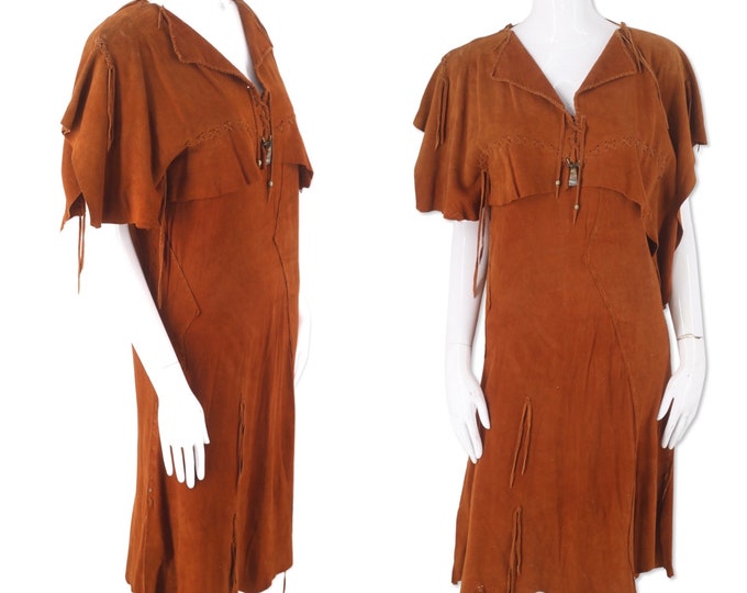 70s custom suede patchwork dress, vintage 1970s brown whip stitch Woodstock era suede tunic, 70s suede top S-M