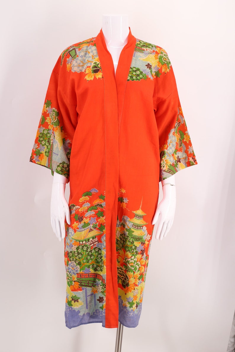 30s JAPAN kimono wool challis print robe / vintage 1930s export KIMONO in tangerine cherry blossom theme 20s image 8