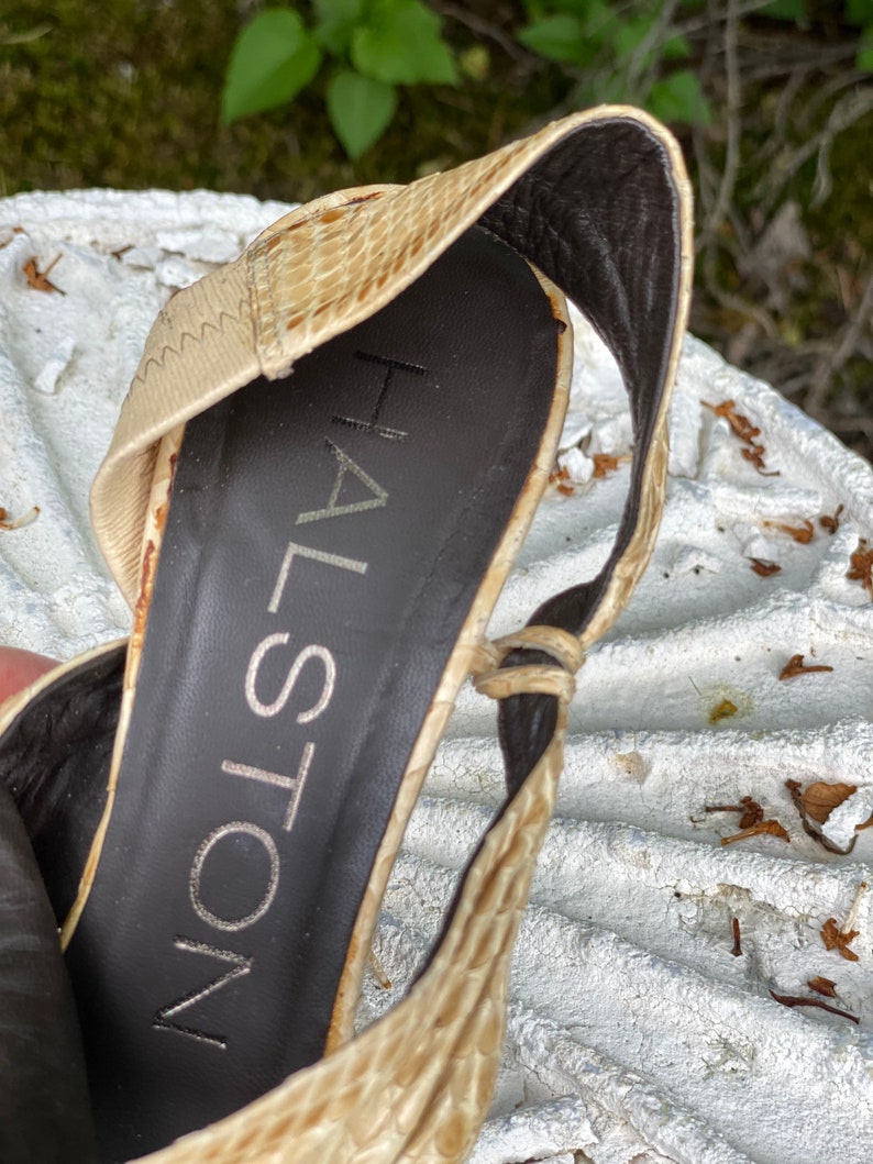 70s sz 6.5 HALSTON python sandals high heels, vintage 1970s 80s beige strappy shoes, disco heels, pumps shoes 36.5 image 6