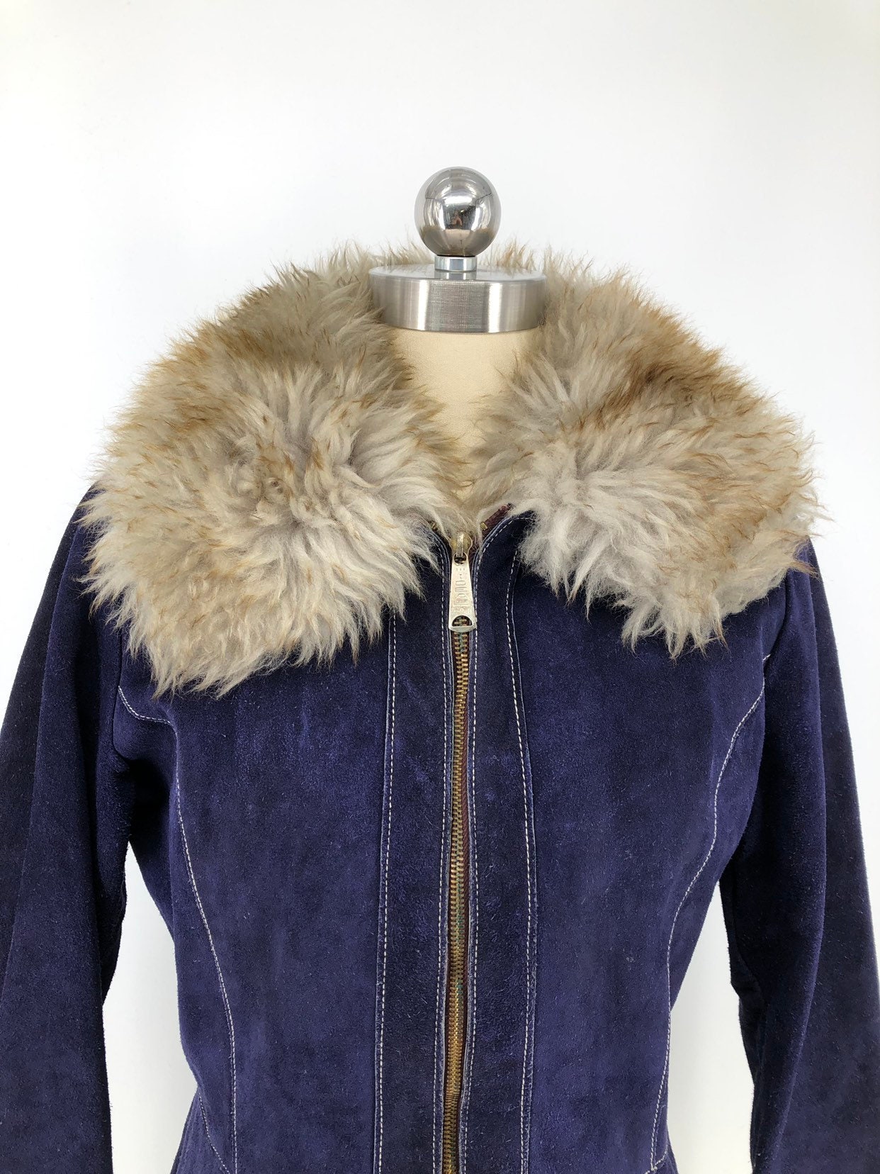70s PENNY LANE navy suede & shearling trim zipper fall / winter jacket