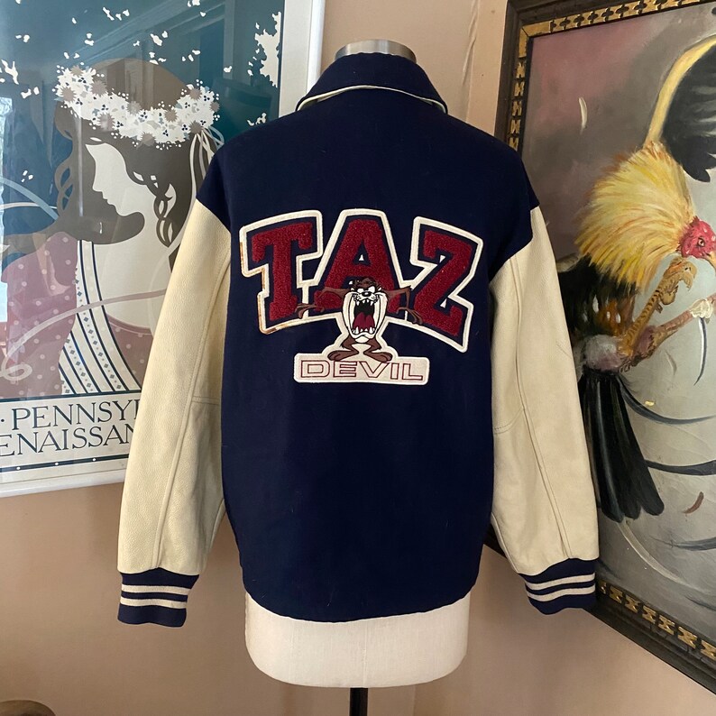 1990s Taz Looney Toons Varsity Jacket XS, vintage 1997 cartoon letterman jacket, wool leather sleeves neutral unisex image 9