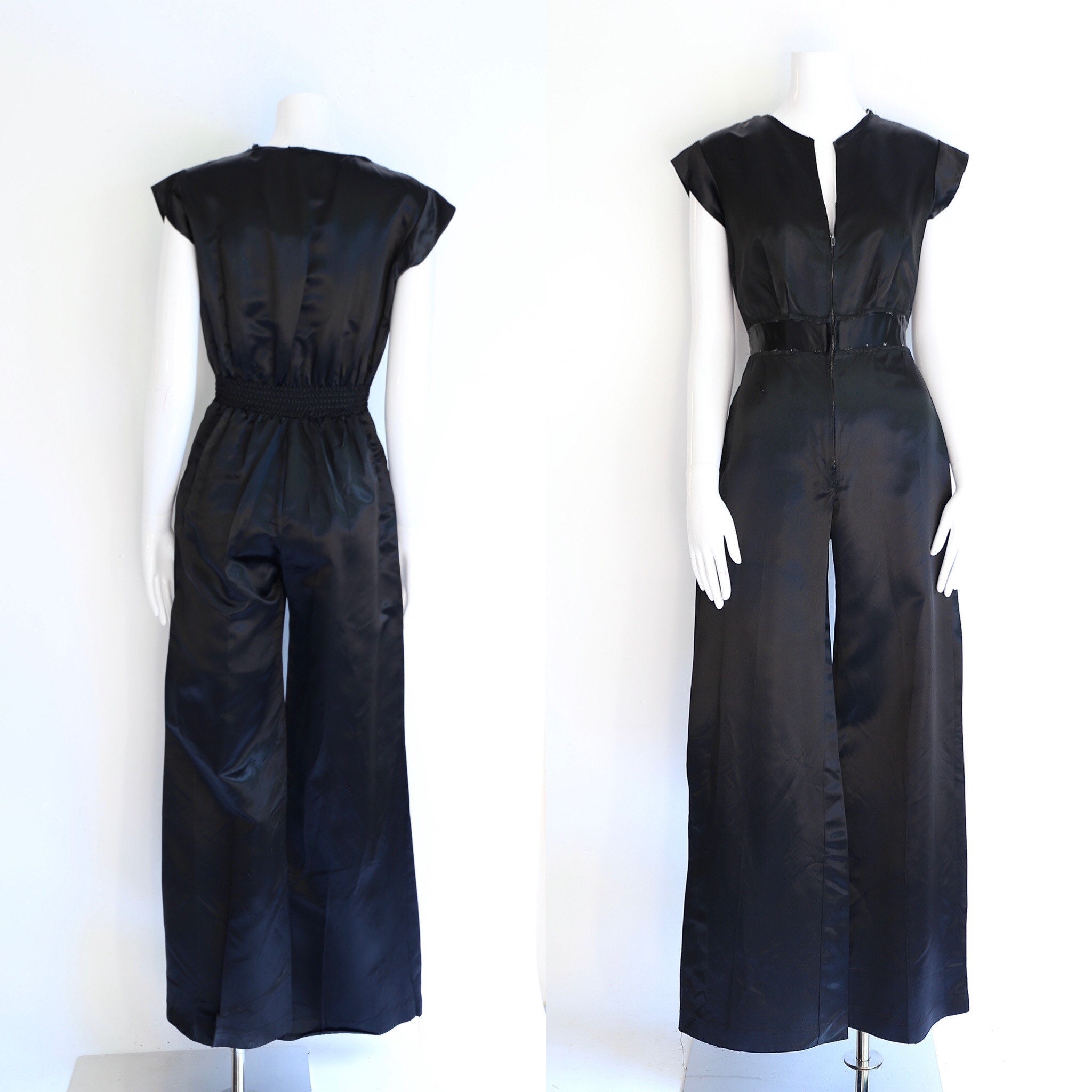 70s vintage black satin jumpsuit size M / 1970s original glam rock and ...