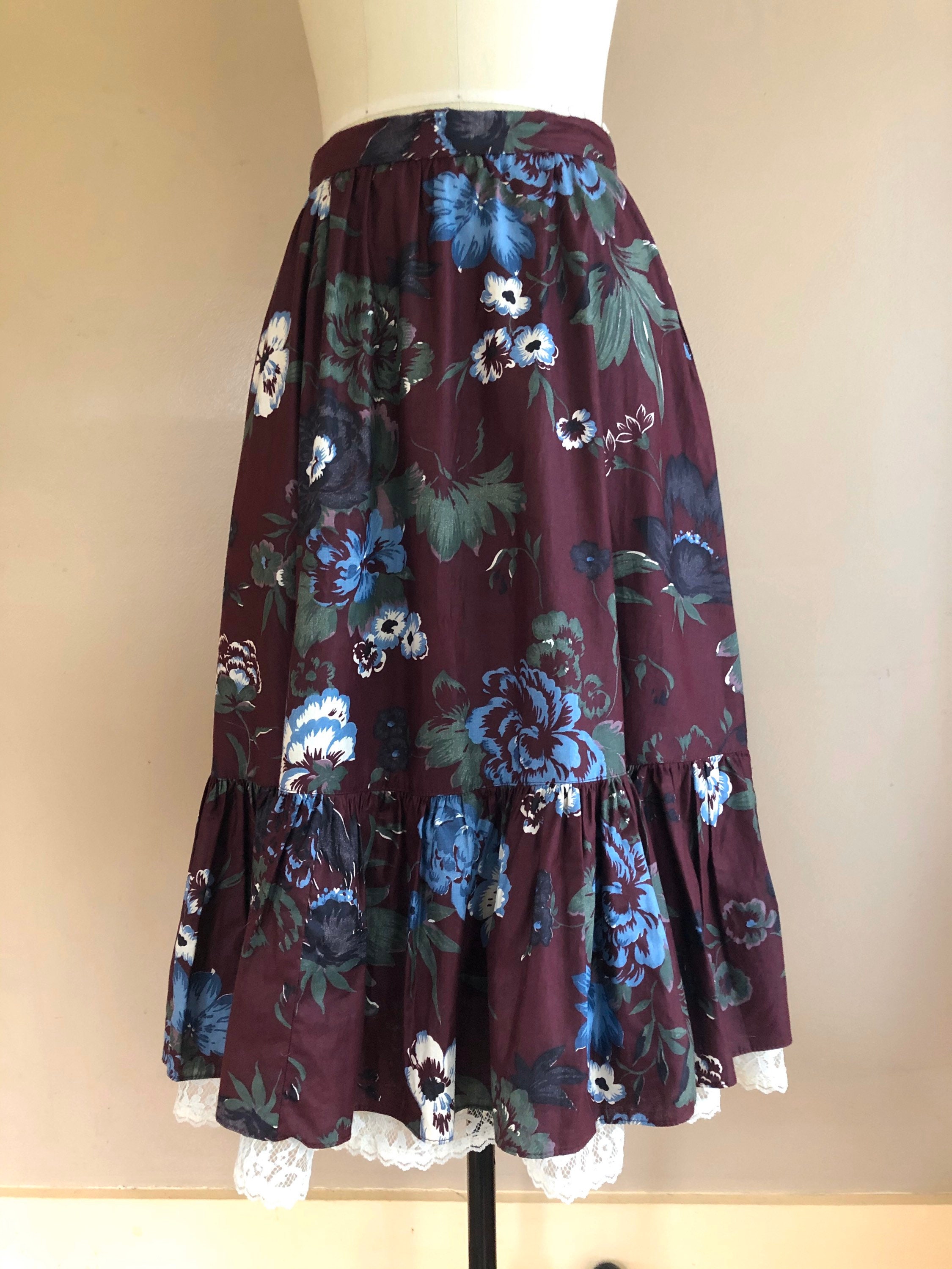 70s GUNNE SAX Burgundy floral chintz cotton prairie peasant skirt ...