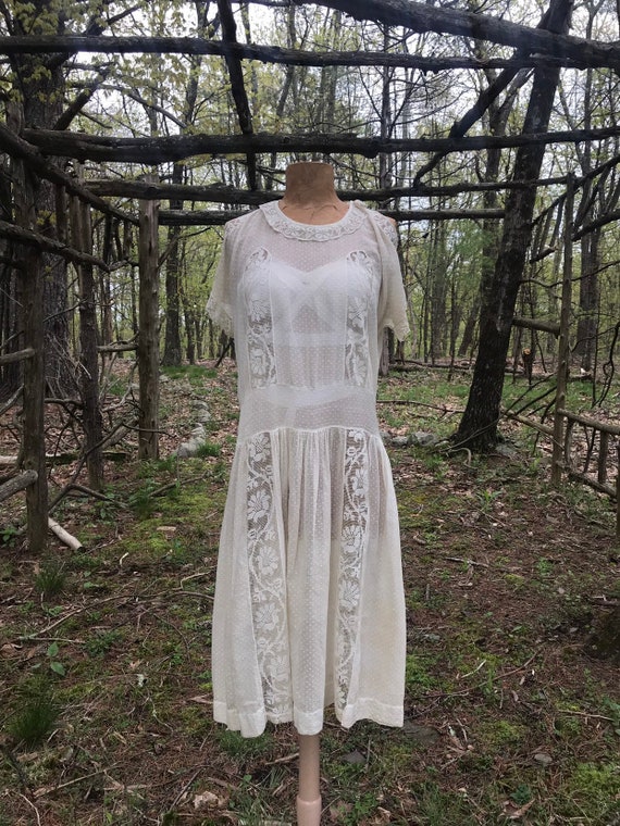 20s white cotton tea dress, vintage 1920s Swiss d… - image 2