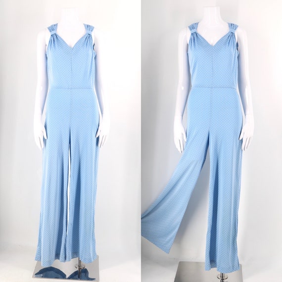 70s does 30s bell bottom slinky nylon jumpsuit / v