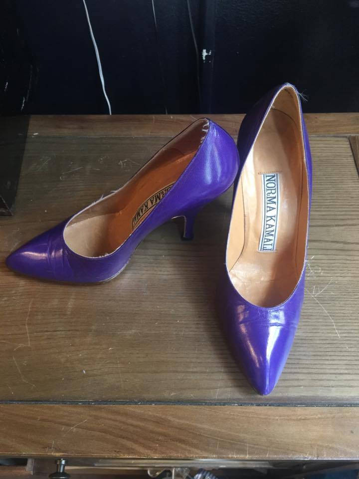 80s NORMA KAMALI shoes size 6.5, vintage purple high heels, leather ...