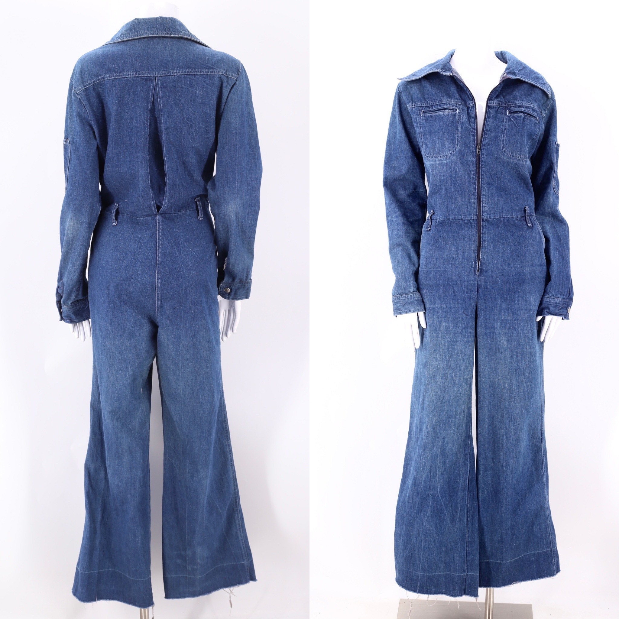 70s denim bell bottom JUMPSUIT L / vintage 1970s Mushroom jeans ...