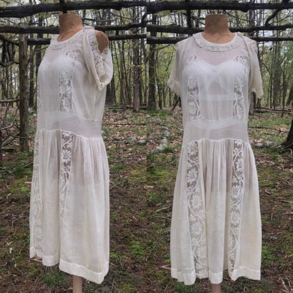 20s white cotton tea dress, vintage 1920s Swiss d… - image 1