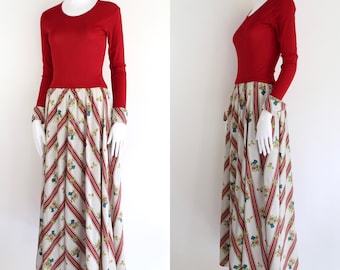 70s Vera Maxwell Speed Suit print maxi dress size L / vintage 1970s red stretch top rayon floral sweeping skirt gown 70s does 40s