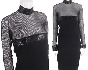 80s ST JOHN fishnet knit dress 8, vintage 1980s black sequined evening sheath dress