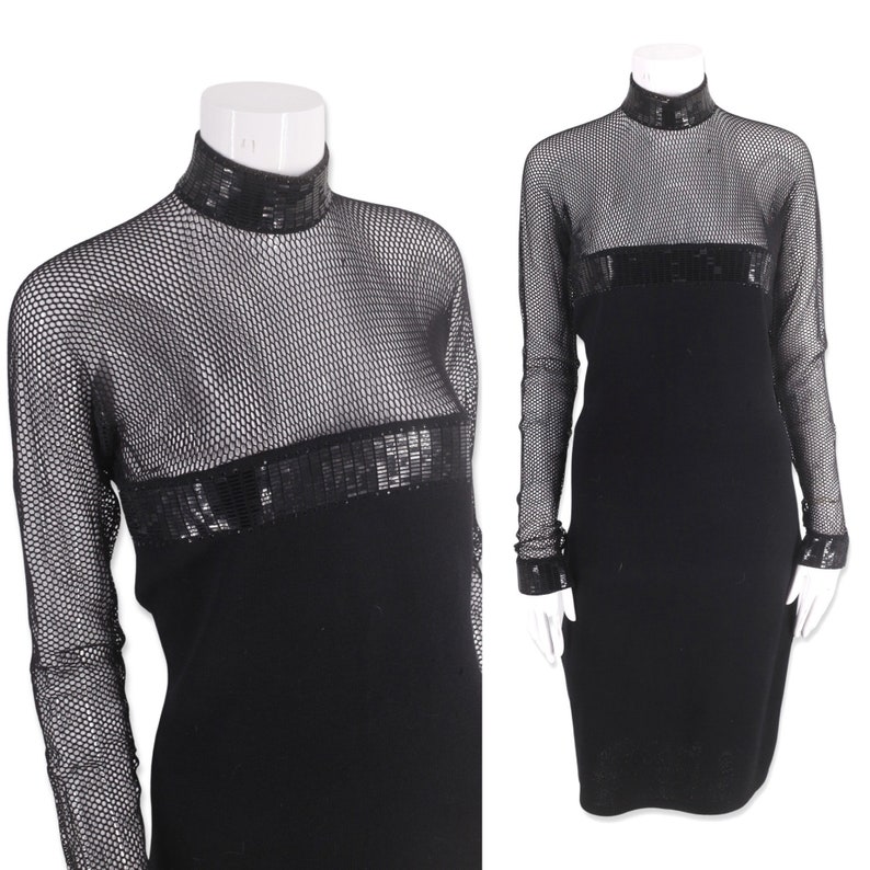 80s ST JOHN fishnet knit dress 8, vintage 1980s black sequined evening sheath dress image 1