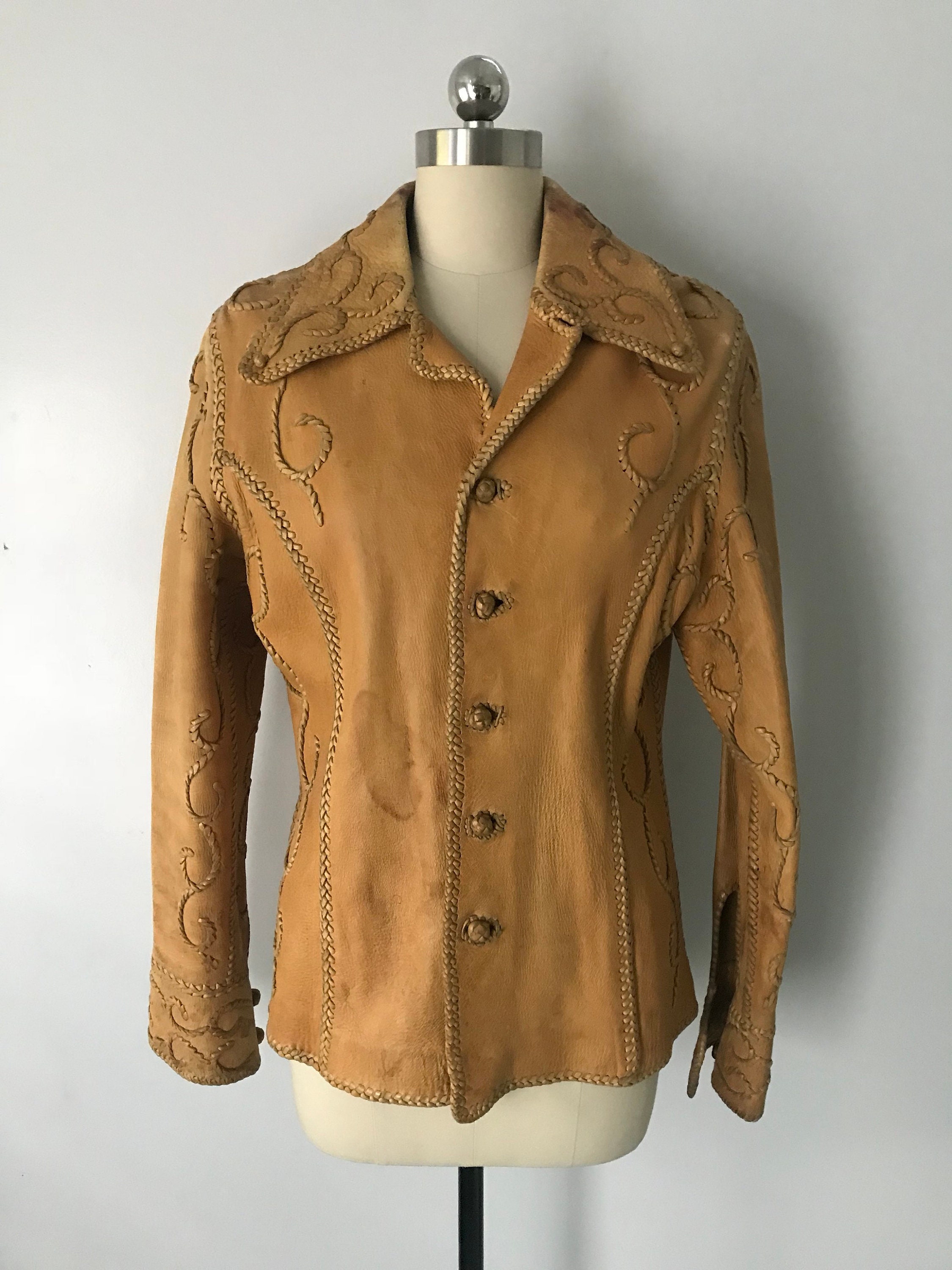 70s NORTH BEACH Leather jacket / whip stitched tan buckskin