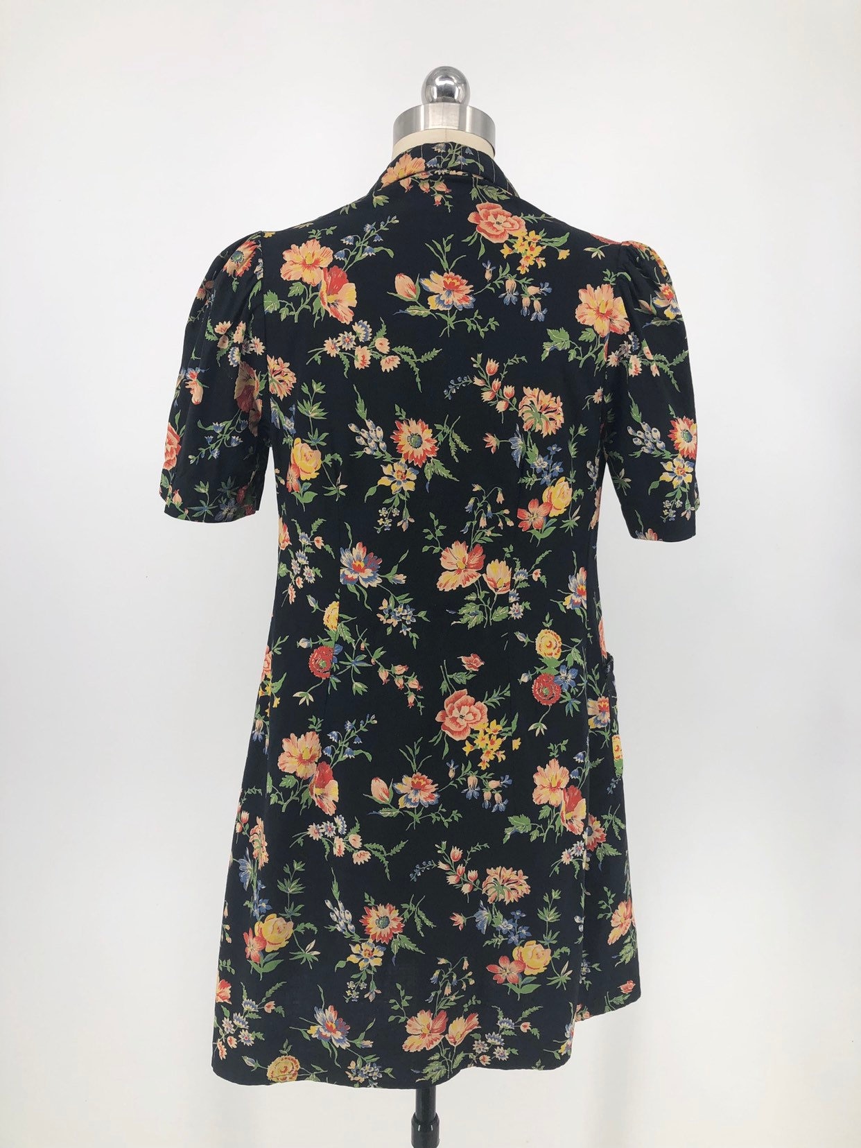 30s black floral print cotton over dress