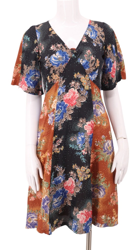 70s floral rayon print scarf mini dress S  / vint… - image 2