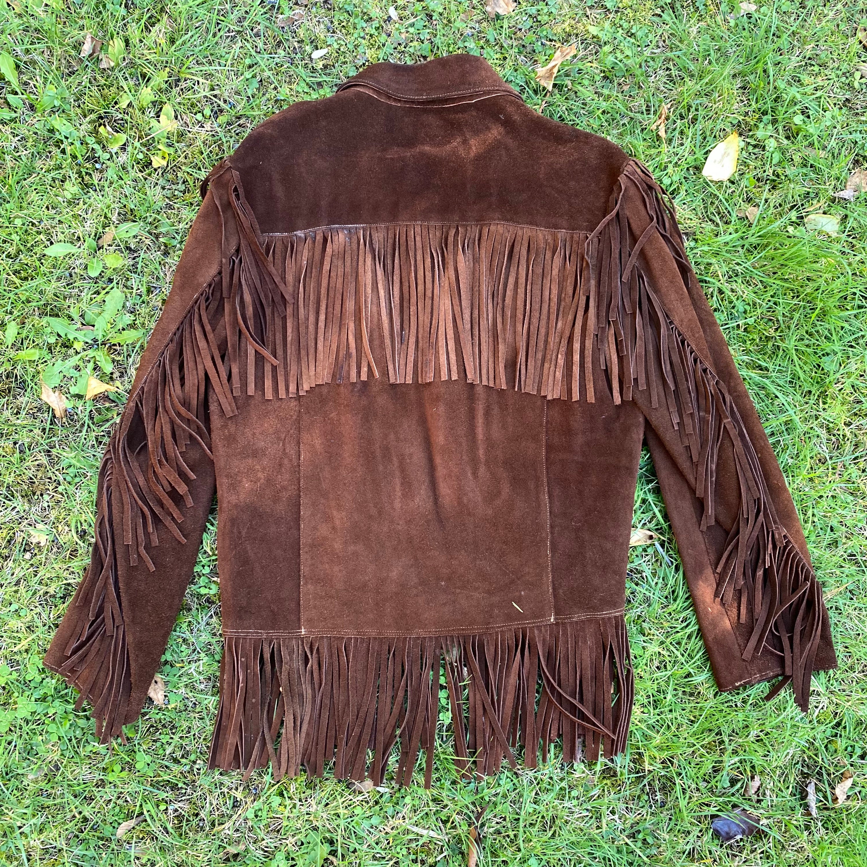70s brown suede western fringe jacket M / vintage 1970s rock and