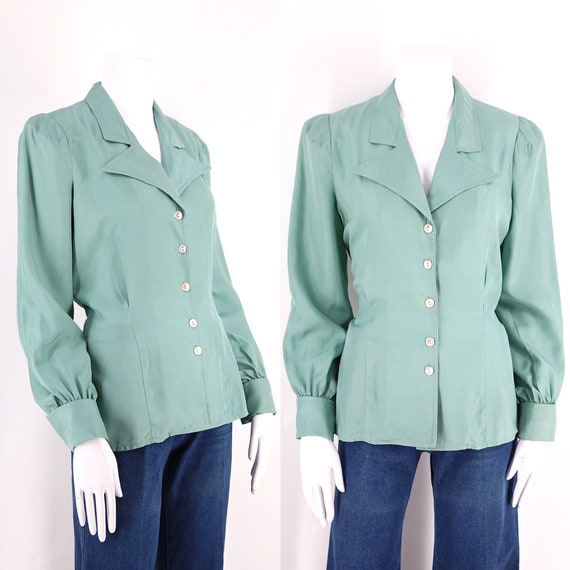 70s JEFF BANKS silk sage green bishop peasant slee